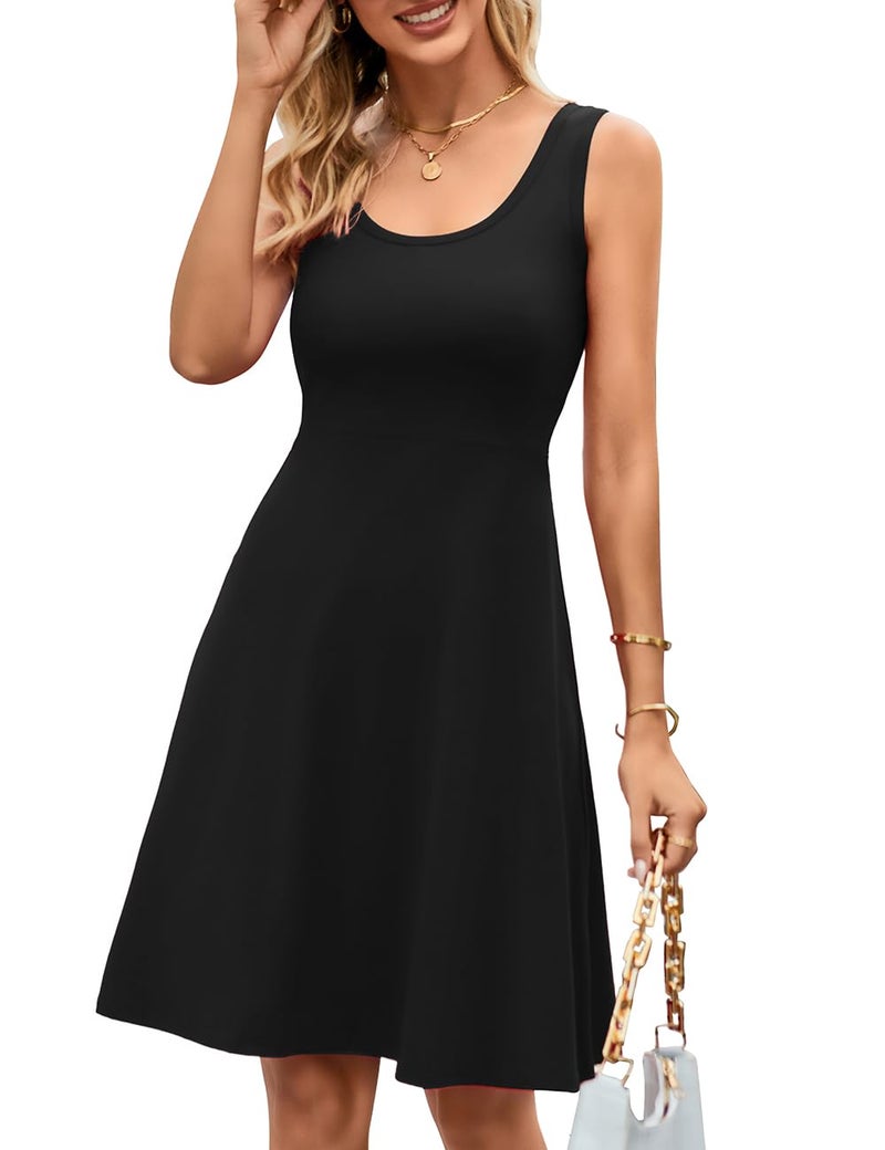 Herou Women Summer A line Midi Dress Sleeveless Beach Skater Tank Sundress Black Medium - Image 1